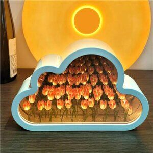 Tulip Cloud Mirror Night Light Pink Table Lamp Bedroom Decor Gift for Girls